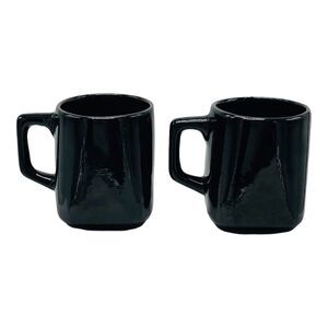 Pair Studio Pottery Mugs Handbuilt Redware Black Glaze MCM Coffee Cups Set